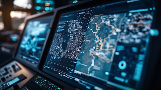 A next-gen command interface showing military strategy maps and autonomous drone data  - Powered by Adobe