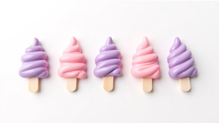 Row of colorful pastel ice cream popsicles on a white background