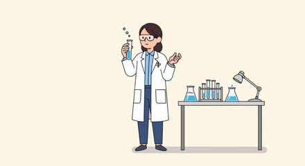 Female Scientist Holding Test Tube Vector Illustration