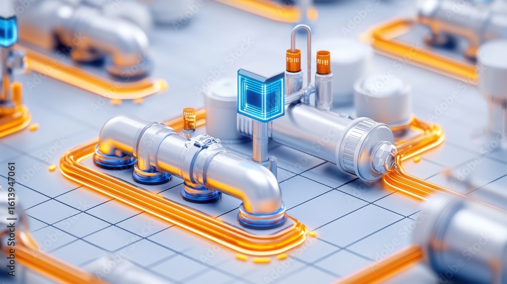Poster a futuristic industrial pipeline system with glowing orange highlights and a digital control interfa