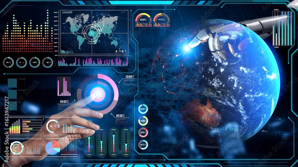 Poster ai-powered global network interface enabling real-time data interaction, virtual assistant support, 