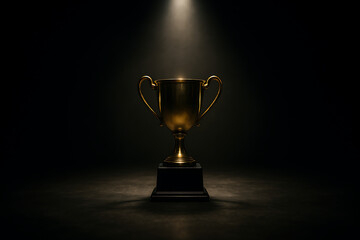 Classic trophy in spotlight on black background with golden highlights symbolizing honor recognition excellence achievement success and championship glory in a winning moment