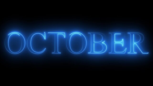 Glowing neon shine month name October text icon animation on black background, October Neon text animation, October neon creative video, Neon glowing month name October