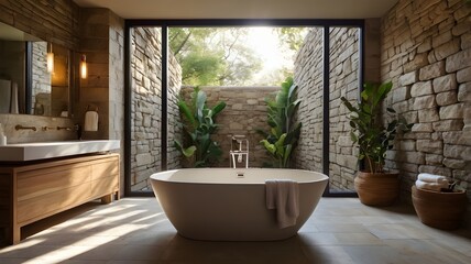 Luxury Spa-Style Bathroom with Freestanding Tub and Natural Stone Wall