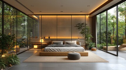 Fototapeta premium Serene Modern Bedroom Design with Nature Views