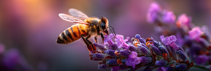Honey bee pollinating lavender flowers. Plant decay with insects. Blurred summer background of lavender flowers with bees. Beautiful wallpaper. soft focus. Lavender Field