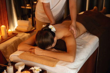 Caucasian woman customer enjoying relaxing anti-stress spa massage and pampering with beauty skin...
