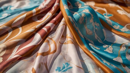 Elegant Patterned Silk Scarf with Gold and Blue Accents