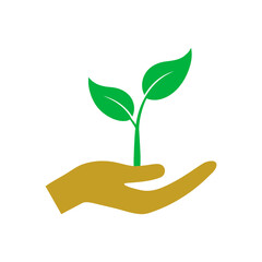 Hand holding a sprouting plant shown in soft flat design for eco care and growth concept art