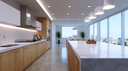 Modern open-concept kitchen with city view and marble island in luxury apartment
