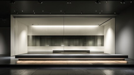 Empty modern store front, illuminated by ambient light.  Clean, minimalist design.  Glass display showcases, muted colors