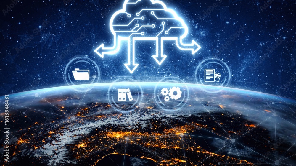 Poster cloud computing, cloud strategy, and cloud technology transforming digital infrastructure with scala