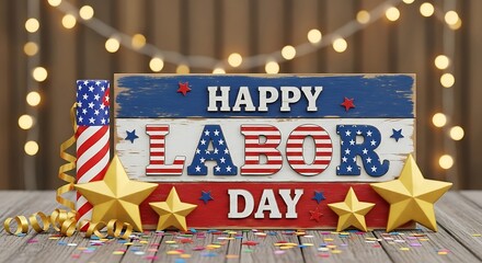 Celebrate Labor Day with festive stars, confetti, and American flag elements for a patriotic holiday theme.