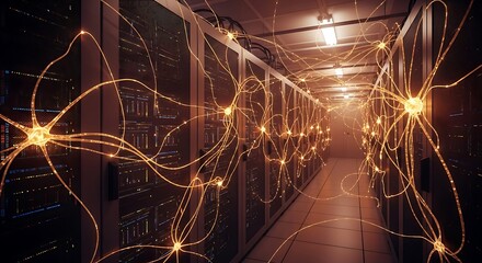 Glowing neural network pathways flowing through a futuristic data center aisle with server racks and warm light