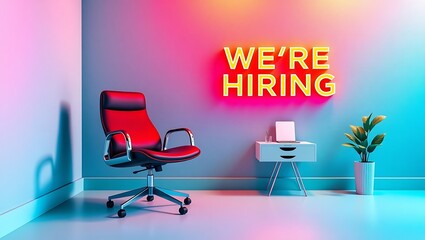 Modern office with neon we re hiring sign and red chair