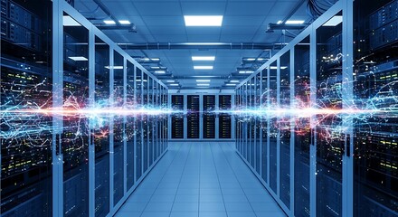High-speed, multicolored data light streaks bursting through a futuristic server room aisle.