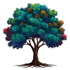 Vibrant fantasy tree with colorful leaves isolated on transparent background