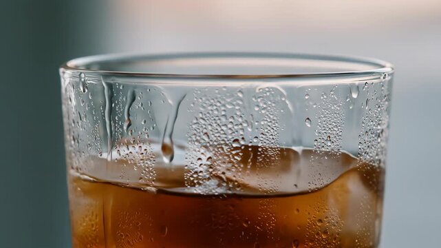 A refreshing glass of cola with ice, showcasing condensation droplets on the glass cinematic broll