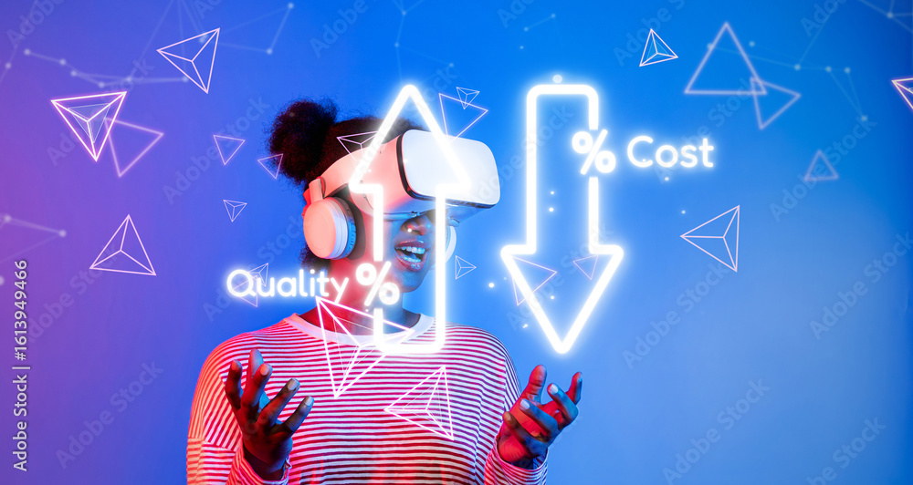 Poster a woman using virtual reality technology to explore business cost reduction and financial optimizati