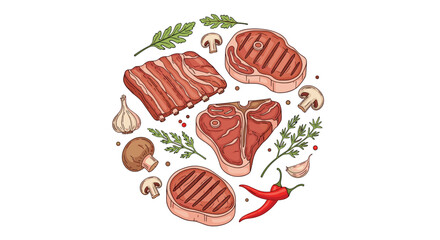 Delicious selection of grilled beef steaks and savory ingredients arranged in a circular composition