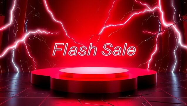 Dramatic red flash sale stage with lightning background
