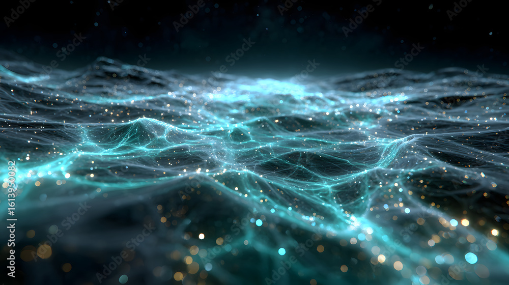 Poster abstract digital network mesh with glowing blue and teal nodes and lines creating a futuristic lands