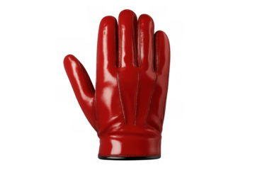 Glossy red leather glove spreading open fingers, transparent backdrop highlighting detailed handwear design