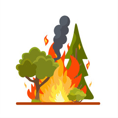 Flat Vector icon of Trees fire with blazing flames, thick black smok , burning trees. Symbolizes ecological disaster, danger of forest fires in summer, climate change, deforestation problems