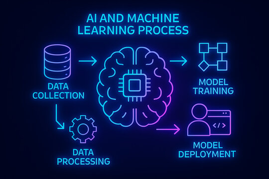 AI and Machine Learning Process: This futuristic illustration shows the essential steps of AI and Machine Learning, which includes Data Collection, Data Processing, Model Training.