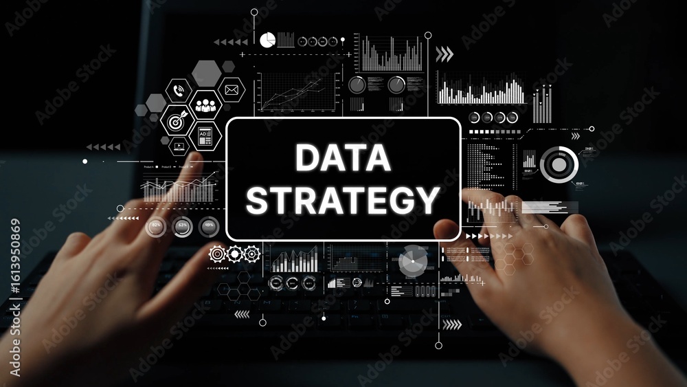 Poster hands typing on laptop with data strategy graphics and charts representing business analysis and ins