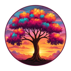 Vibrant fantasy tree in a circle isolated on transparent background