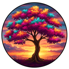 Vibrant colorful tree against sunset sky isolated on transparent background