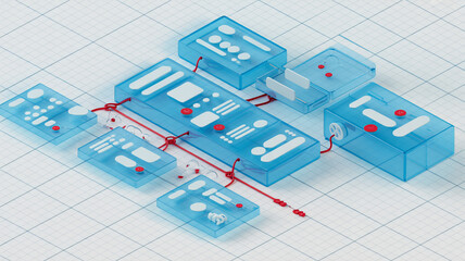 Digital Blueprints of Connectivity: A futuristic, abstract rendering of a digital network or data stream. The image shows a series of translucent, interconnected modules with glowing data points