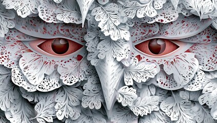 Detailed close-up of an owl face adorned with intricate paper cutouts of leaves