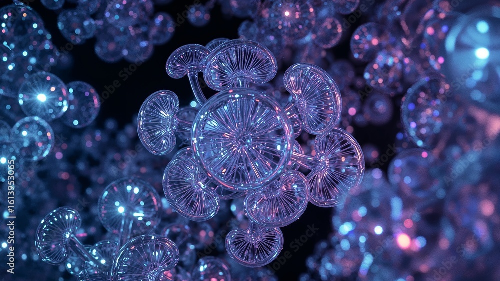 Poster a cluster of translucent mushroom like structures with internal glowing lights on a dark background