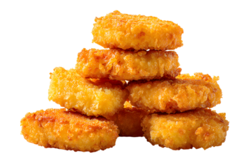 Crispy golden chicken nuggets stacked on transparent background