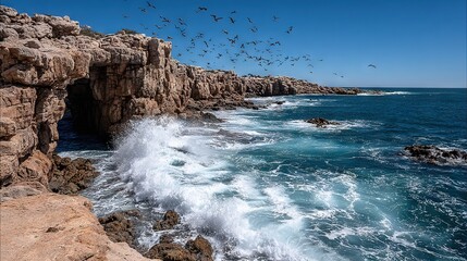   A group of birds flying above a water body beside a cliff with waves hitting the rocks