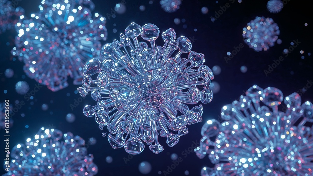 Poster a close up view of several virus like structures with a dark blue and black gradient background