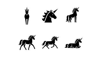 A series of black unicorn silhouettes in various poses