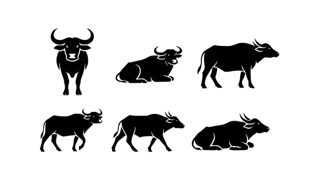 Silhouette of six water buffaloes in various poses, showcasing the animal's form and structure