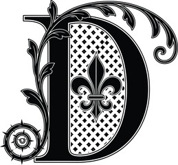 Download ornate letter d vector illustration with fleur de lis and floral elements vector