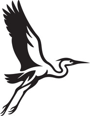 Black silhouette of a heron in flight bird black and white