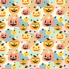 Seamless pattern with colorful cute pumpkins and stars for Halloween on spotted pastel background, flat style illustration