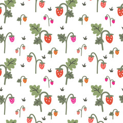 Seamless pattern with cute cartoon strawberries, leaves and grass on a white background. Perfect for fabrics, wallpapers and children's designs.