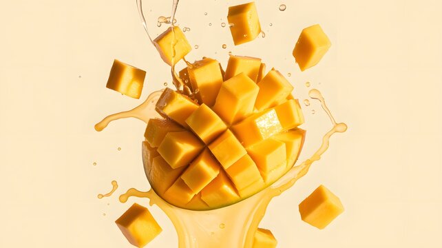 Juicy mango chunks with splash, vibrant tropical freshness for healthy recipes, summer drinks, and exotic dessert promotions