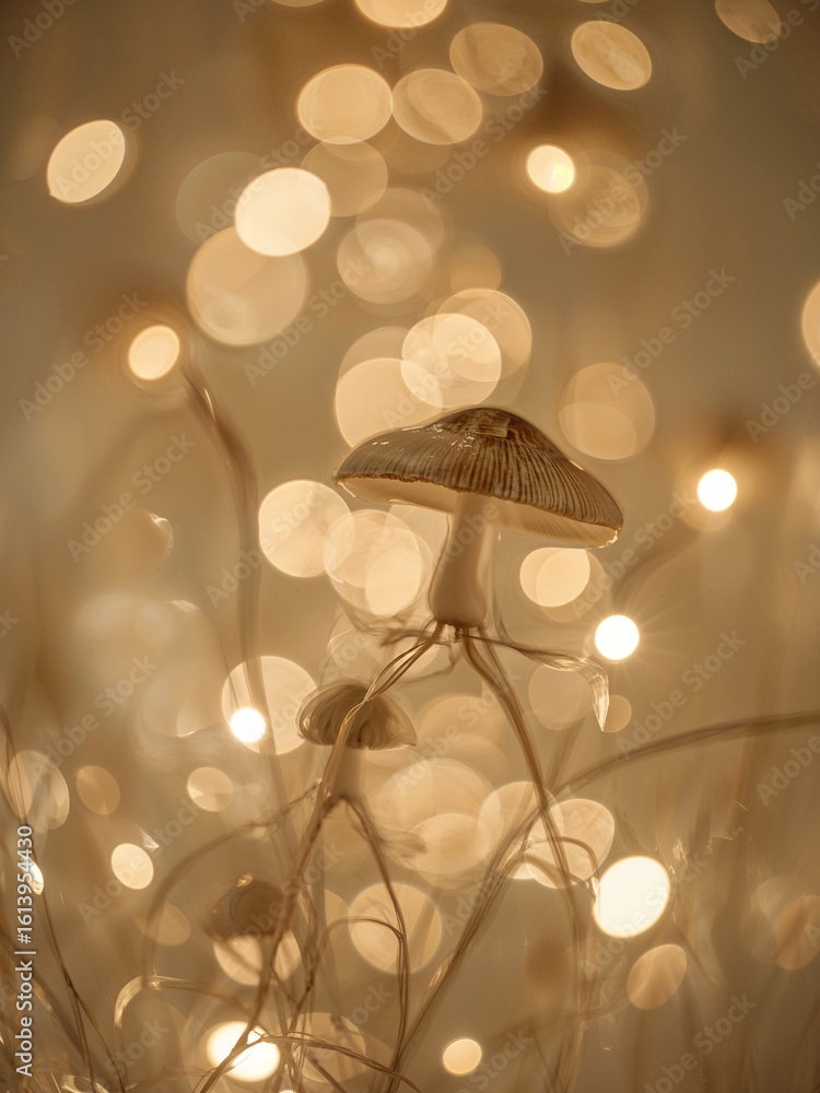 Poster a mushroom in focus surrounded by stems and bokeh lights creating a warm and dreamy atmosphere view
