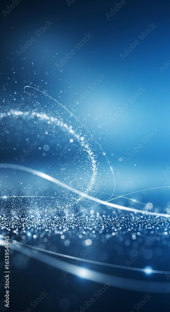 Poster dynamic abstract blue background with glowing particles and flowing light trails