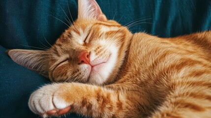 A cute orange cat sleeping peacefully on a soft surface, showcasing tranquility and contentment.