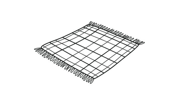 A simple line drawing of a woven textile with a plaid pattern and fringed edges