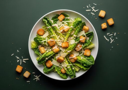Overhead shot of Caesar salad with croutons and parmesan